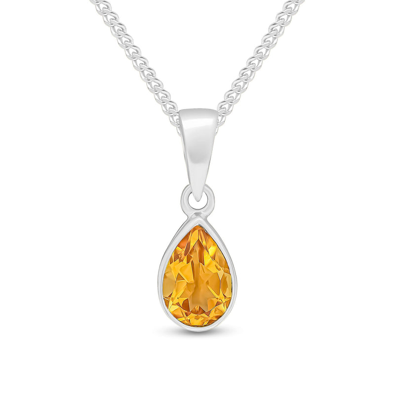 9ct White Gold Pear Shaped Natural Citrine Rubover Pendant — 7x5mm