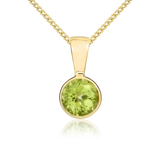 9ct Yellow Gold Round Natural Peridot Rubover Pendant — 5mm