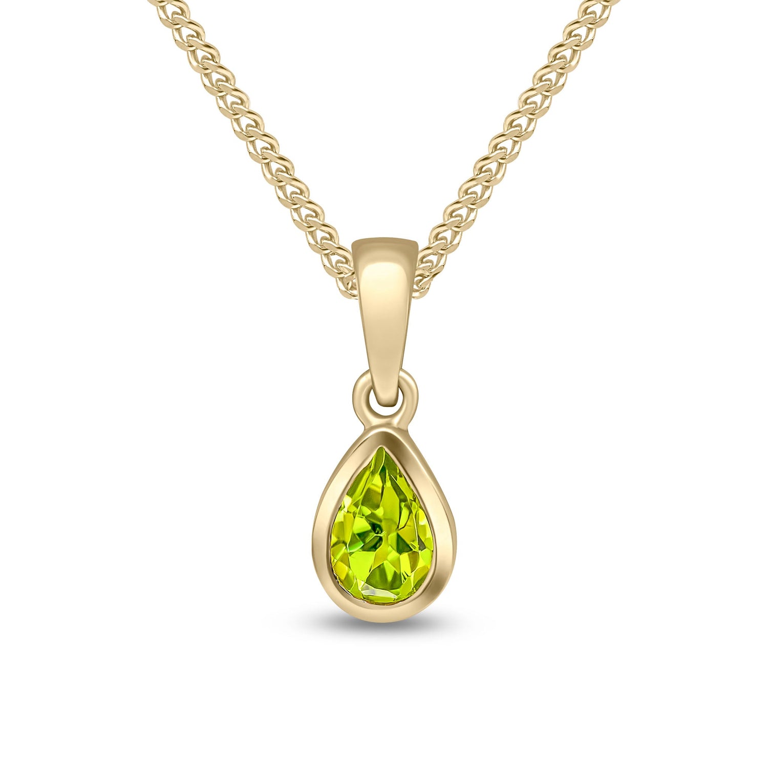 9ct Yellow Gold Pear Shaped Natural Peridot Rubover Pendant — 6x4mm