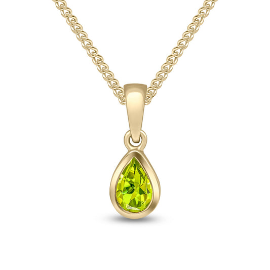 9ct Yellow Gold Pear Shaped Natural Peridot Rubover Pendant — 6x4mm