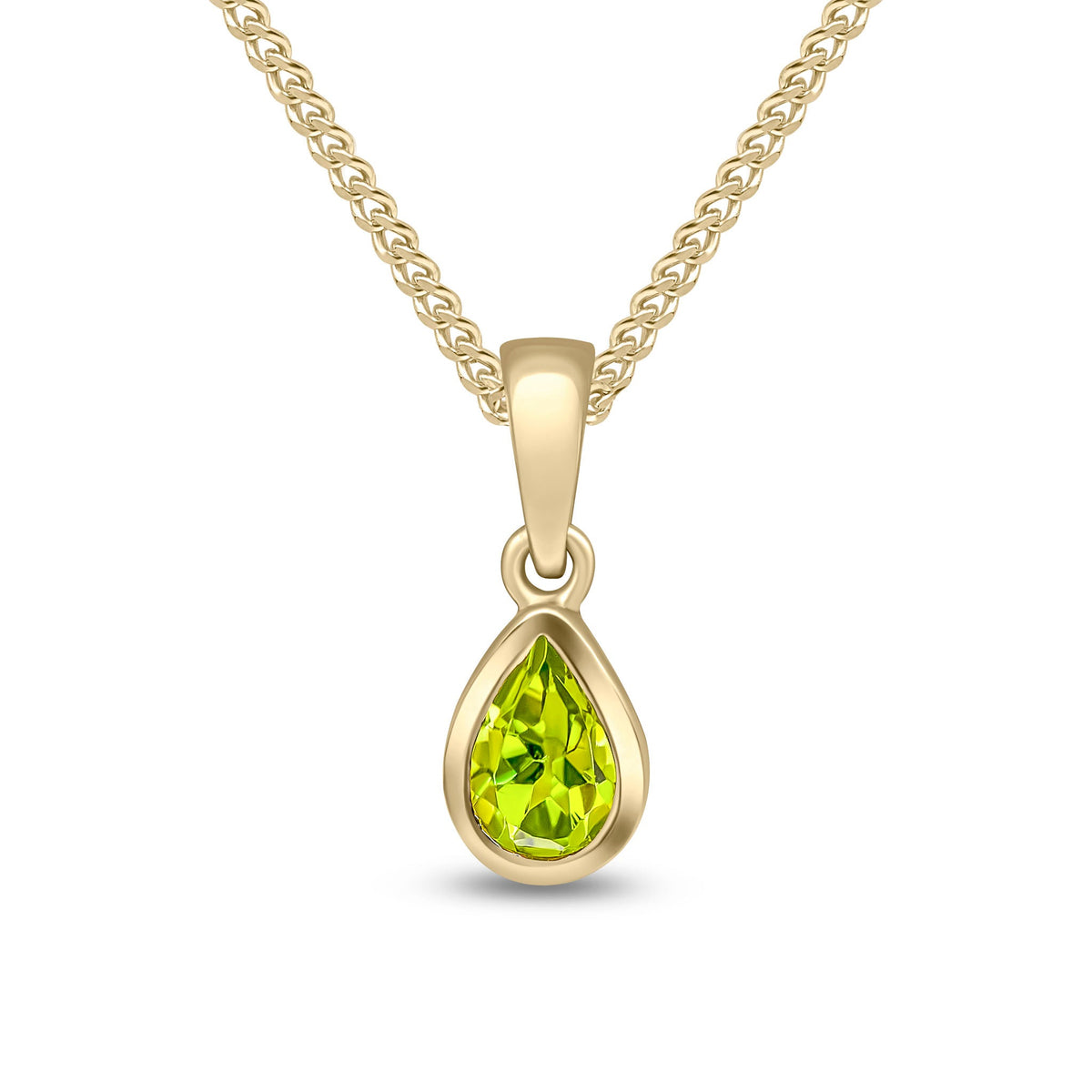 9ct Yellow Gold Pear Shaped Natural Peridot Rubover Pendant — 6x4mm