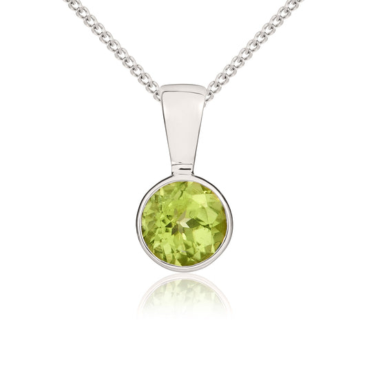 9ct White Gold Rubover-Set Round Natural Peridot Pendant — 5mm