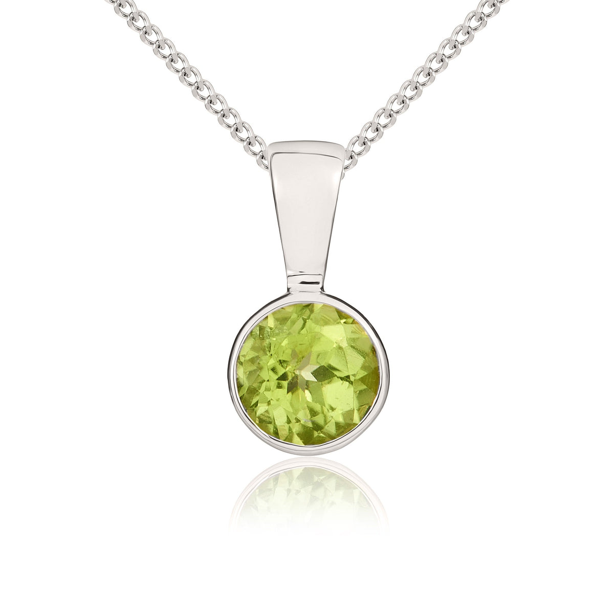 9ct White Gold Round Natural Peridot Rubover Pendant — 5mm