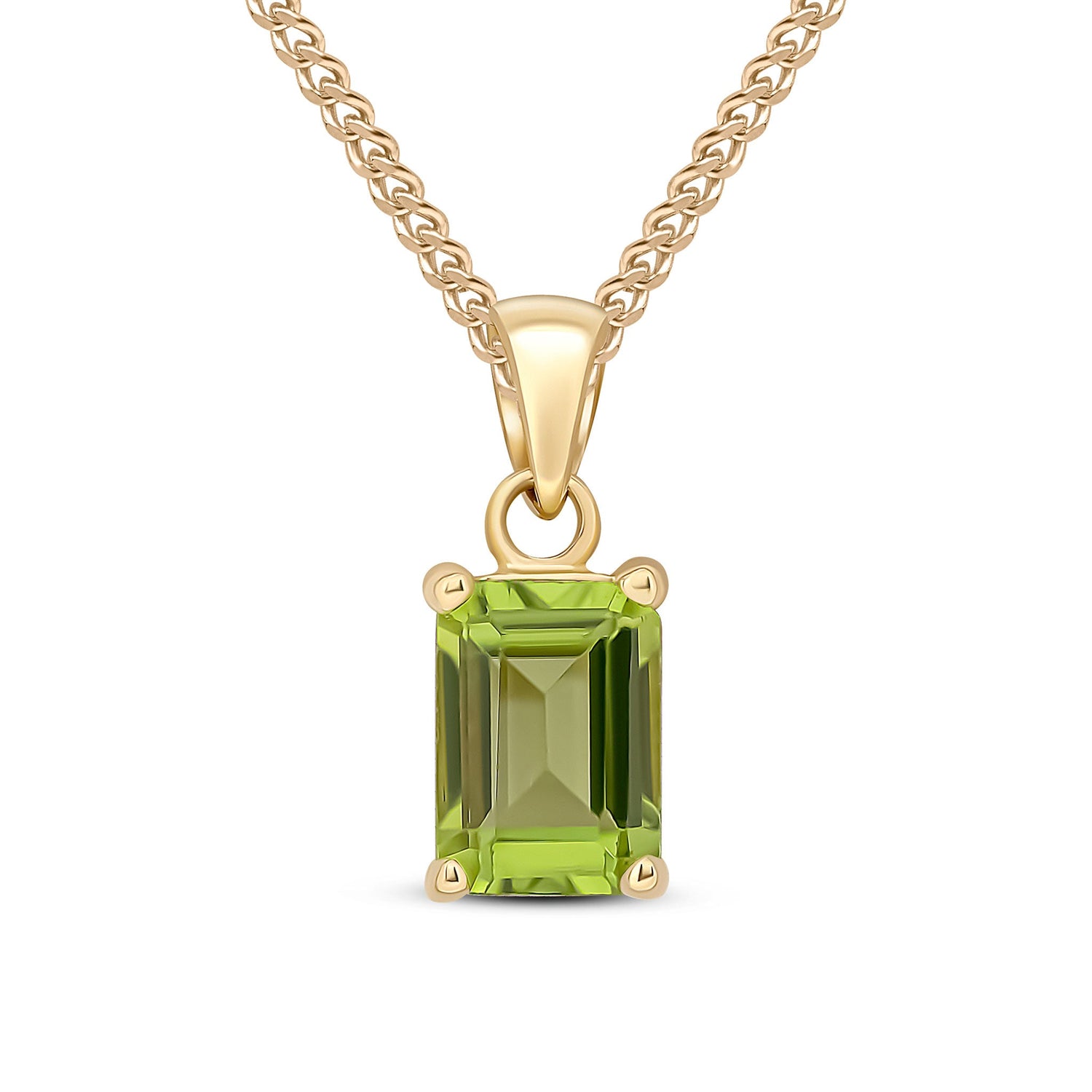 9ct Yellow Gold Octagonal Emerald Cut Natural Peridot Claw Pendant — 7x5mm
