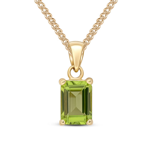 9ct Yellow Gold Octagonal Emerald Cut Natural Peridot Claw Pendant — 7x5mm