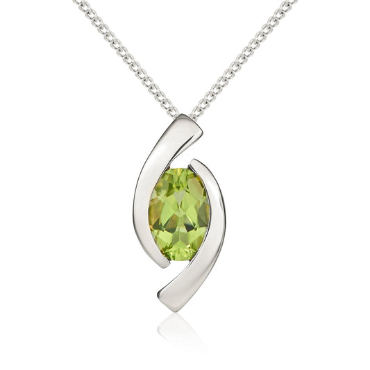 9ct White Gold Open Twist Oval Natural Peridot Pendant — 9x7mm