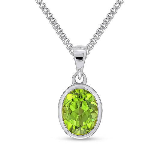 9ct White Gold Rubover-Set Oval Natural Peridot Pendant — 9x7mm