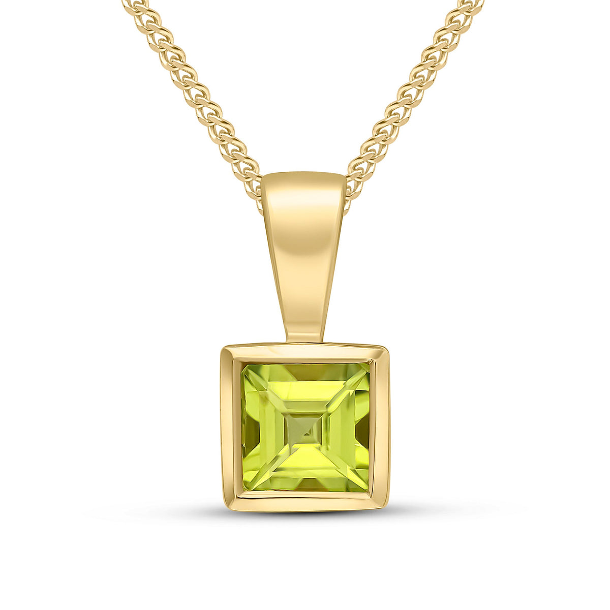 9ct Yellow Gold Square Natural Peridot Rubover Pendant — 4mm