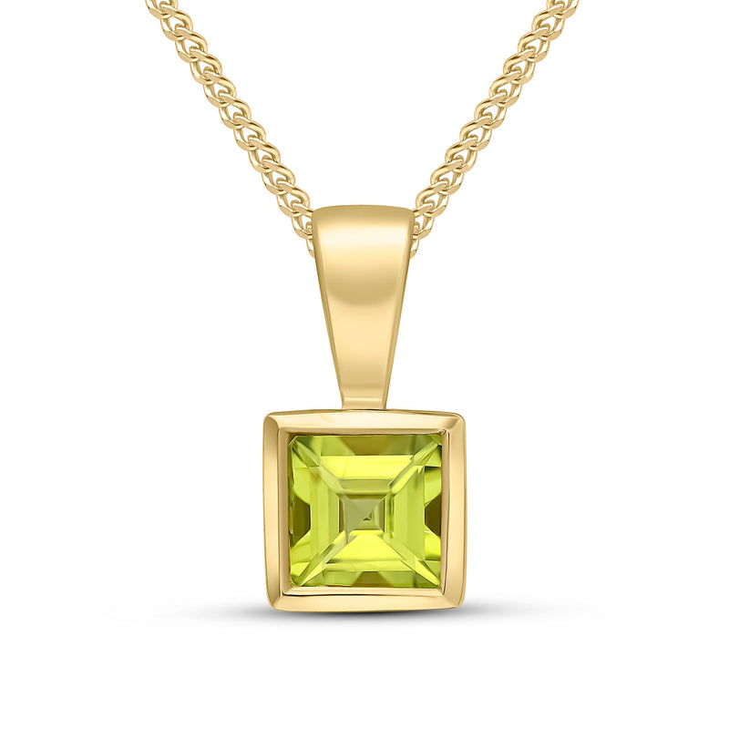 9ct Yellow Gold Square Natural Peridot Rubover Pendant — 4mm