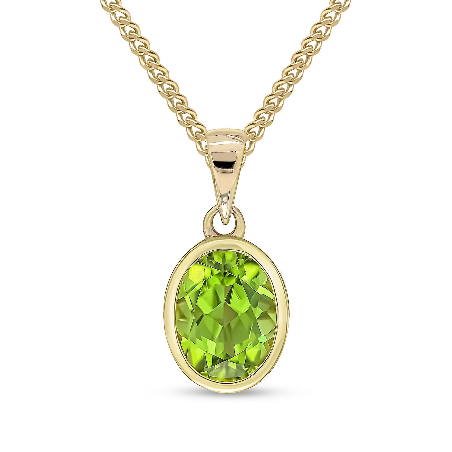 9ct Yellow Gold Oval Natural Peridot Rubover Pendant — 9x7mm