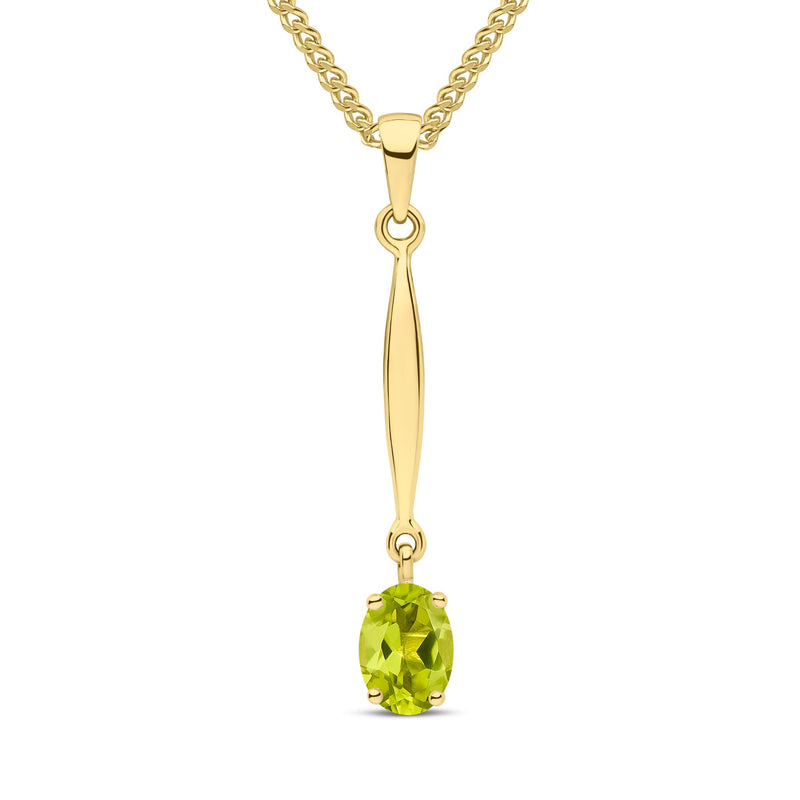9ct Yellow Gold Oval Natural Peridot Claw Bar Drop Pendant — 7x5mm