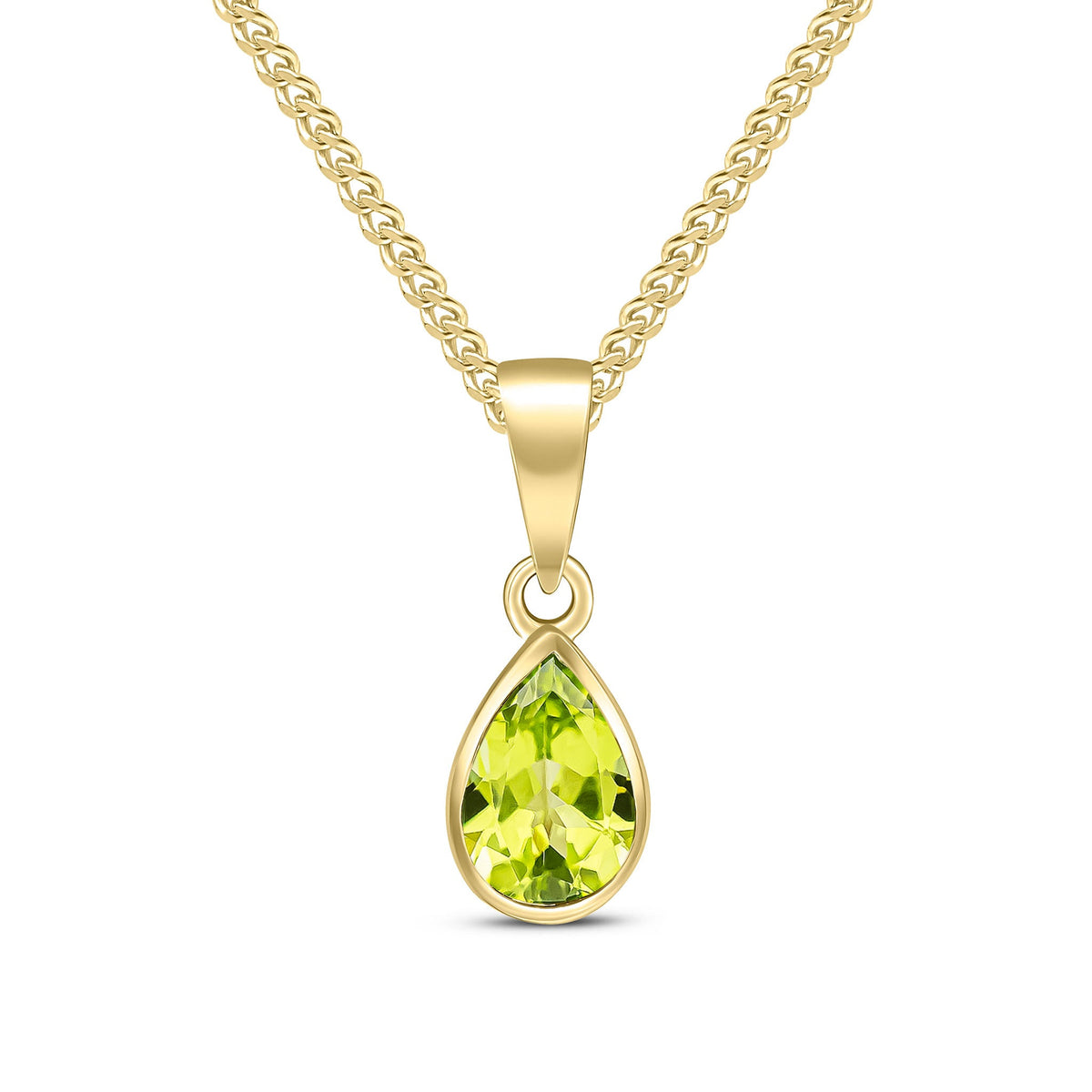 9ct Yellow Gold Pear Shaped Natural Peridot Rubover Pendant — 7x5mm