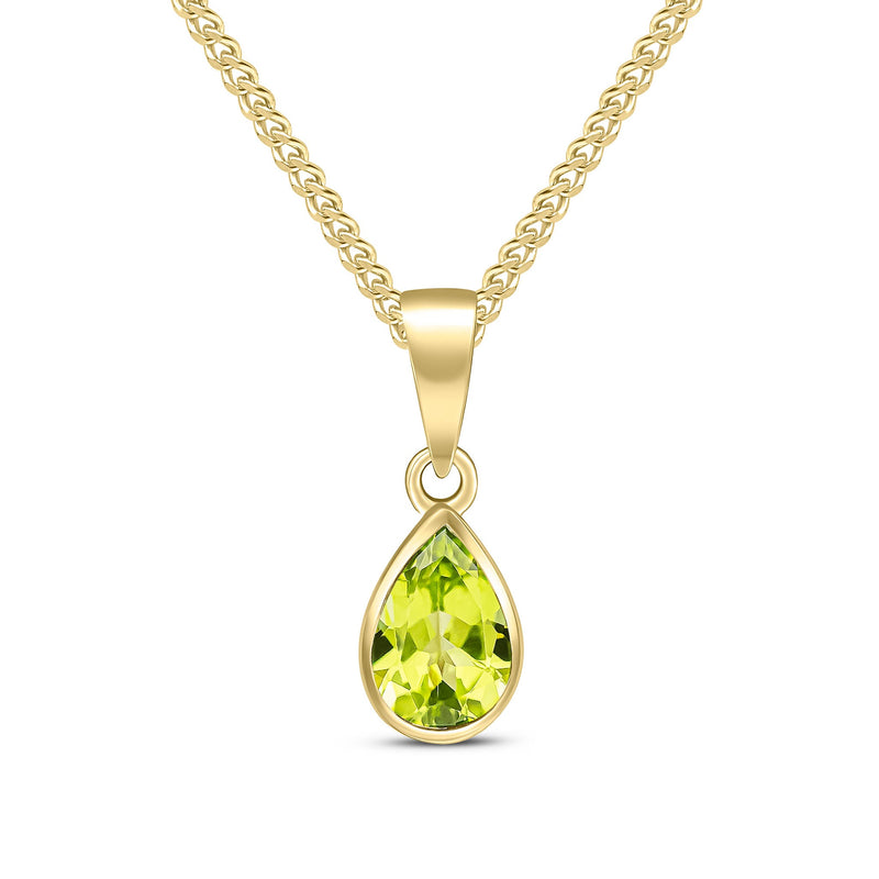 9ct Yellow Gold Pear Shaped Natural Peridot Rubover Pendant — 7x5mm
