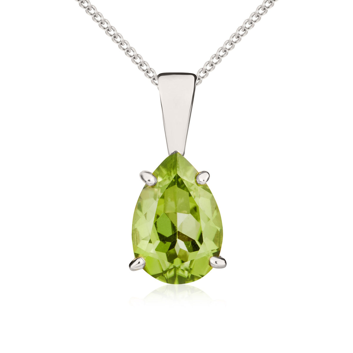 9ct White Gold Pear Shaped Natural Peridot Claw Pendant — 10x7mm