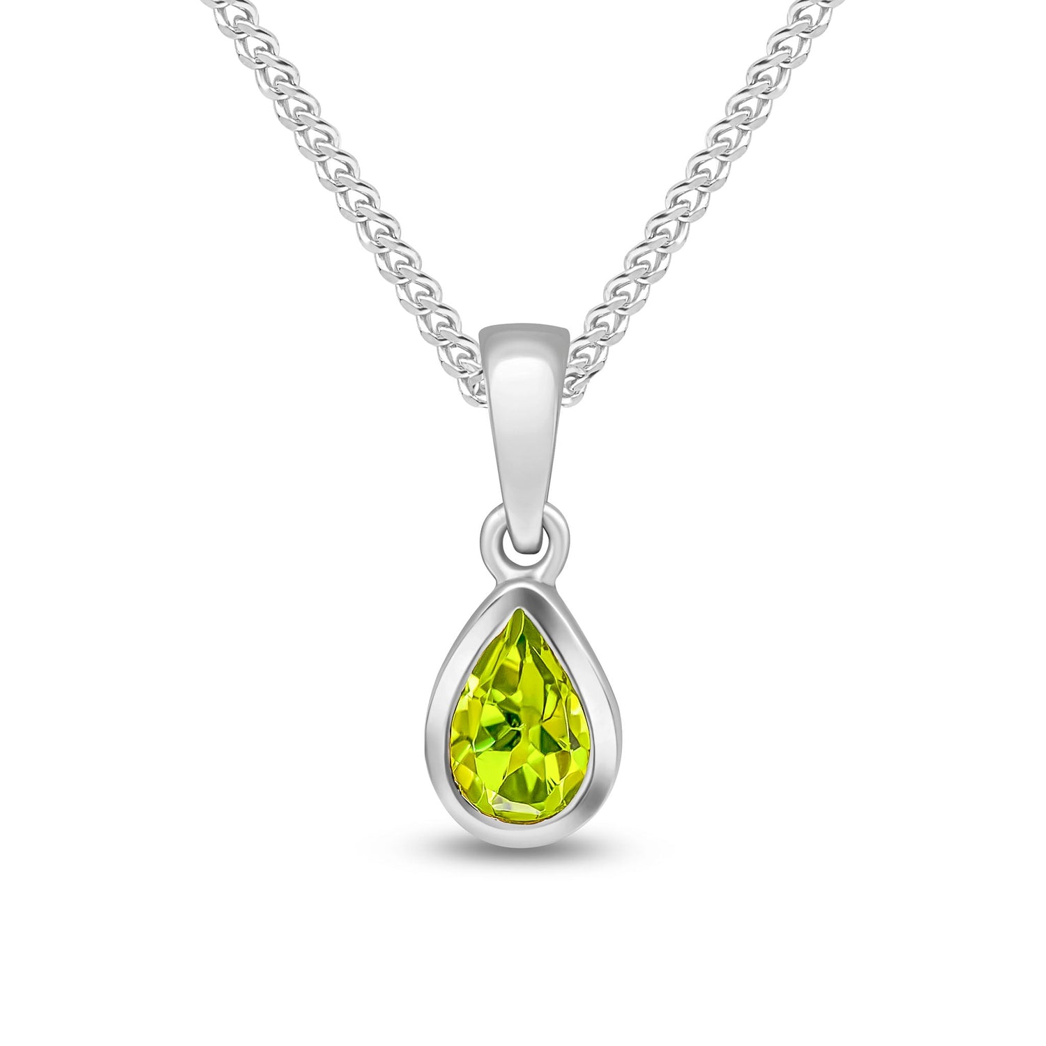 9ct White Gold Pear Shaped Natural Peridot Rubover Pendant — 6x4mm
