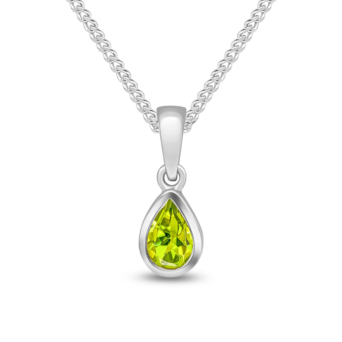9ct White Gold Pear Shaped Natural Peridot Rubover Pendant — 6x4mm