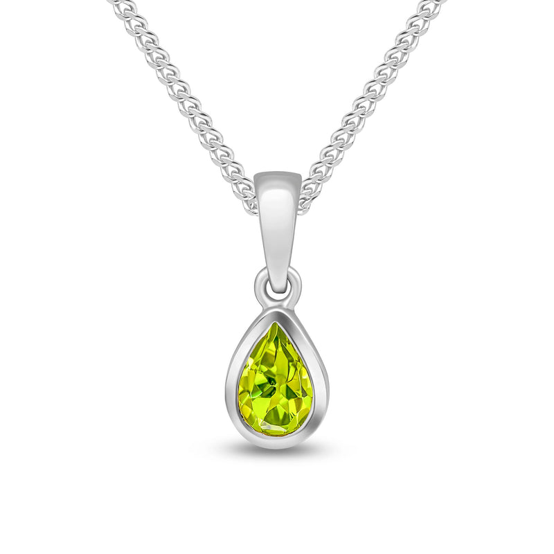 9ct White Gold Pear Shaped Natural Peridot Rubover Pendant — 6x4mm