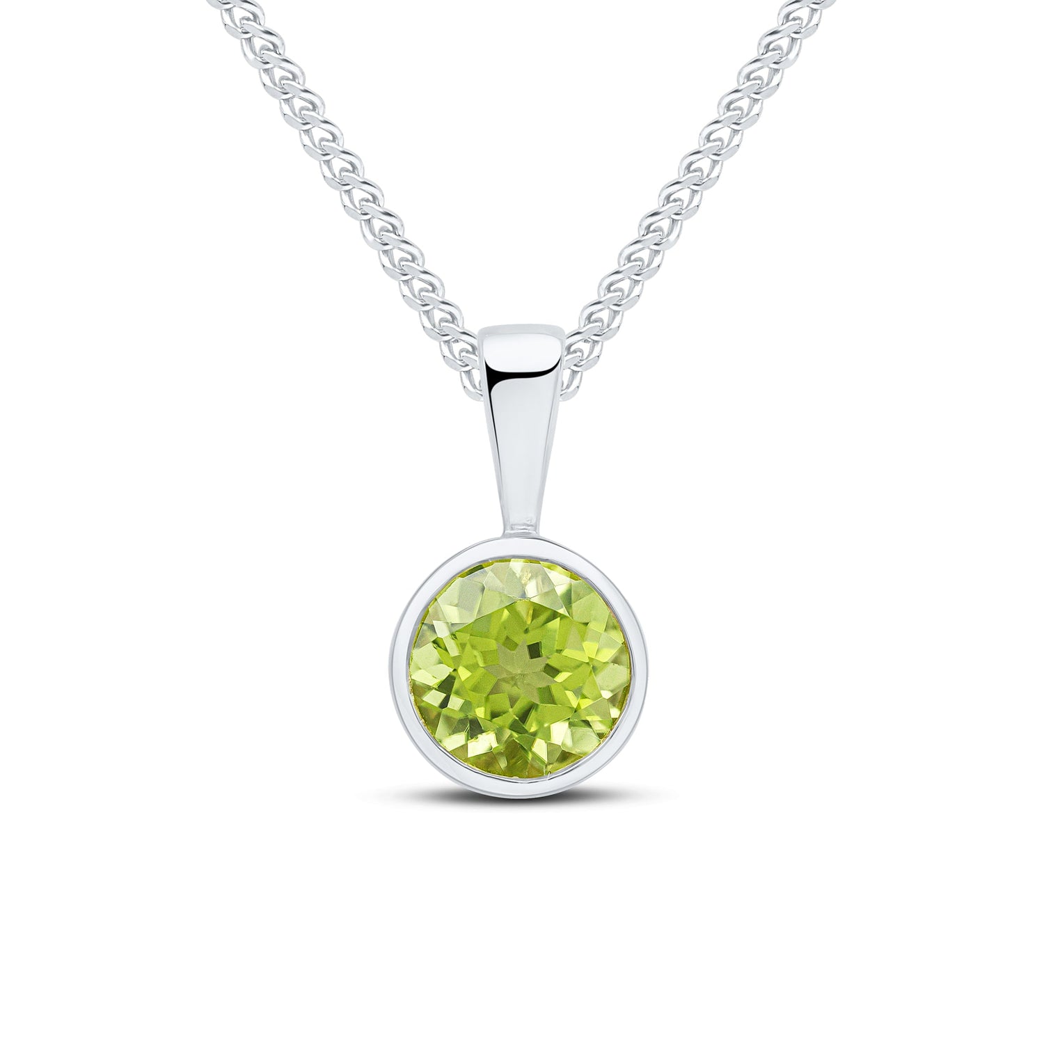9ct White Gold Round Natural Peridot Rubover Pendant — 6mm
