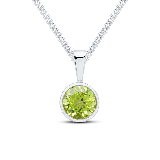 9ct White Gold Round Natural Peridot Rubover Pendant — 6mm