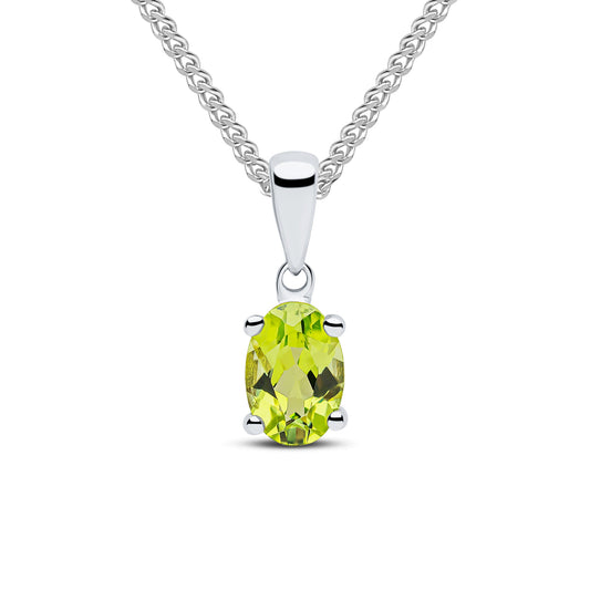 9ct White Gold Oval Natural Peridot Claw Pendant — 6x4mm