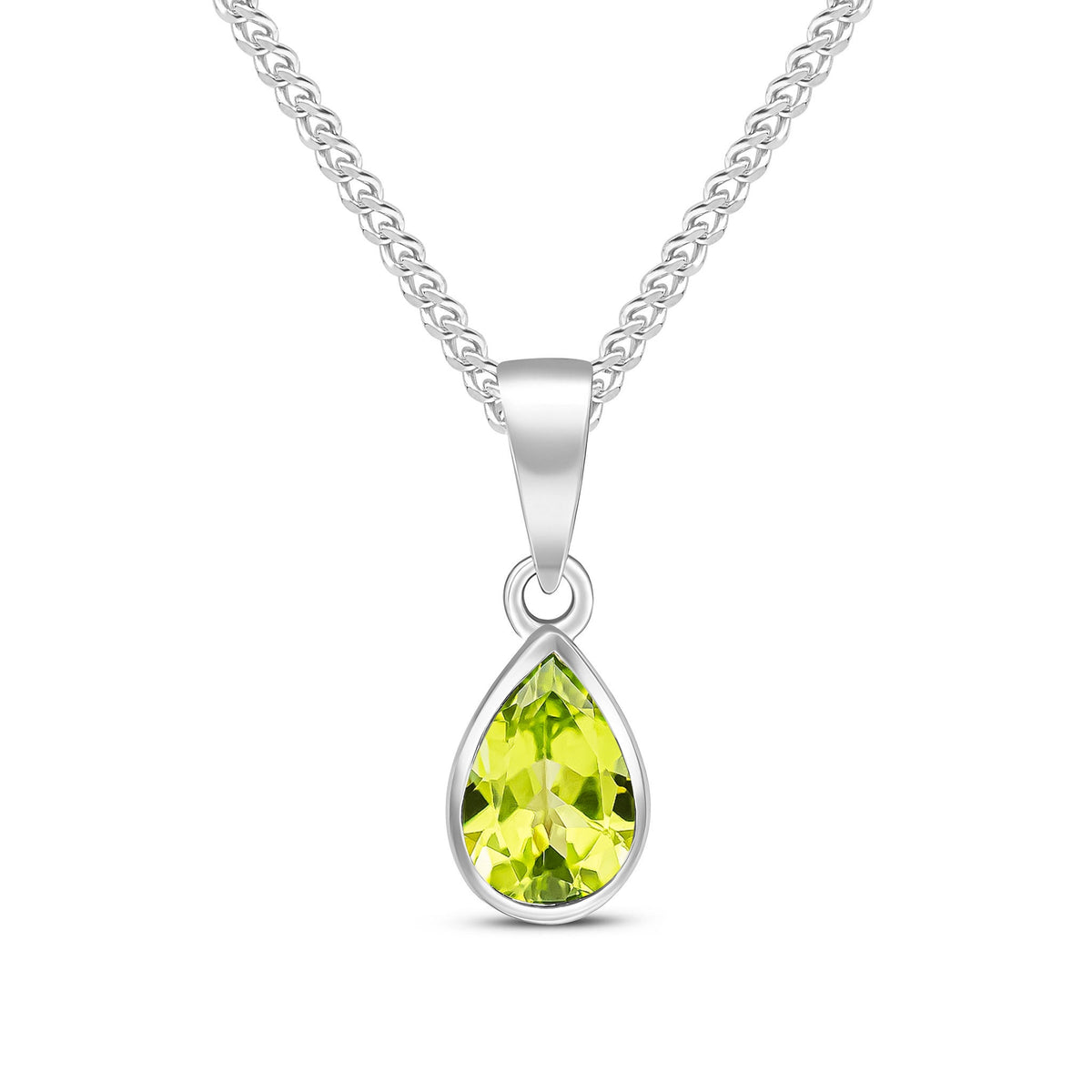 9ct White Gold Pear Shaped Natural Peridot Rubover Pendant — 7x5mm