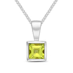 9ct White Gold Square Natural Peridot Rubover Pendant — 4mm