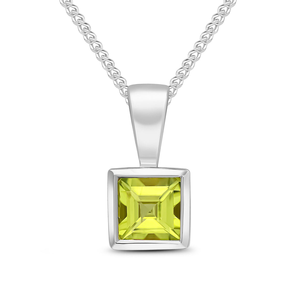 9ct White Gold Square Natural Peridot Rubover Pendant — 4mm