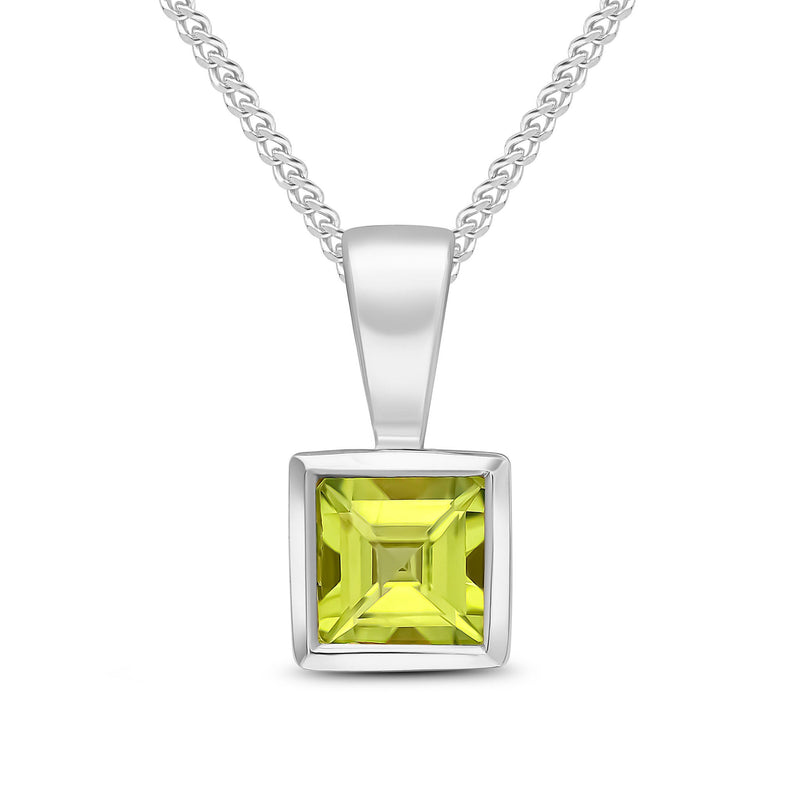 9ct White Gold Square Natural Peridot Rubover Pendant — 4mm