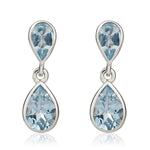 9ct White Gold Pear Shaped Natural Aquamarine Two Stone Rubover Drop Earrings