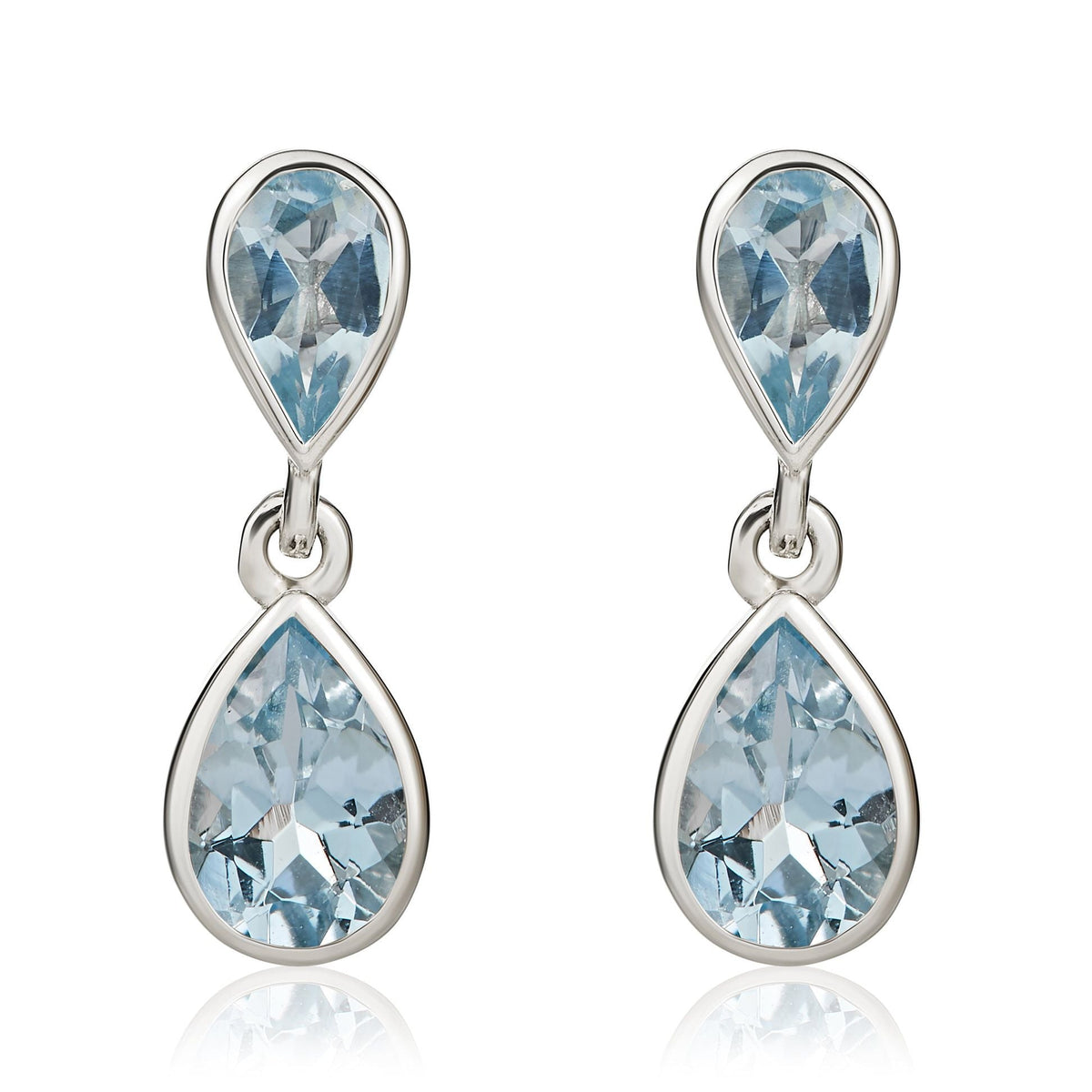 9ct White Gold Pear Shaped Natural Aquamarine Two Stone Rubover Drop Earrings