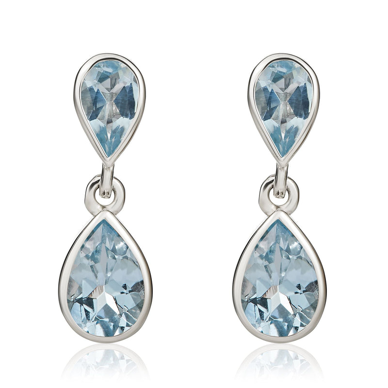 9ct White Gold Pear Shaped Natural Aquamarine Two Stone Rubover Drop Earrings