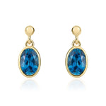 9ct Yellow Gold Oval Natural London Blue Topaz Rubover Drop Earrings — 6x4mm