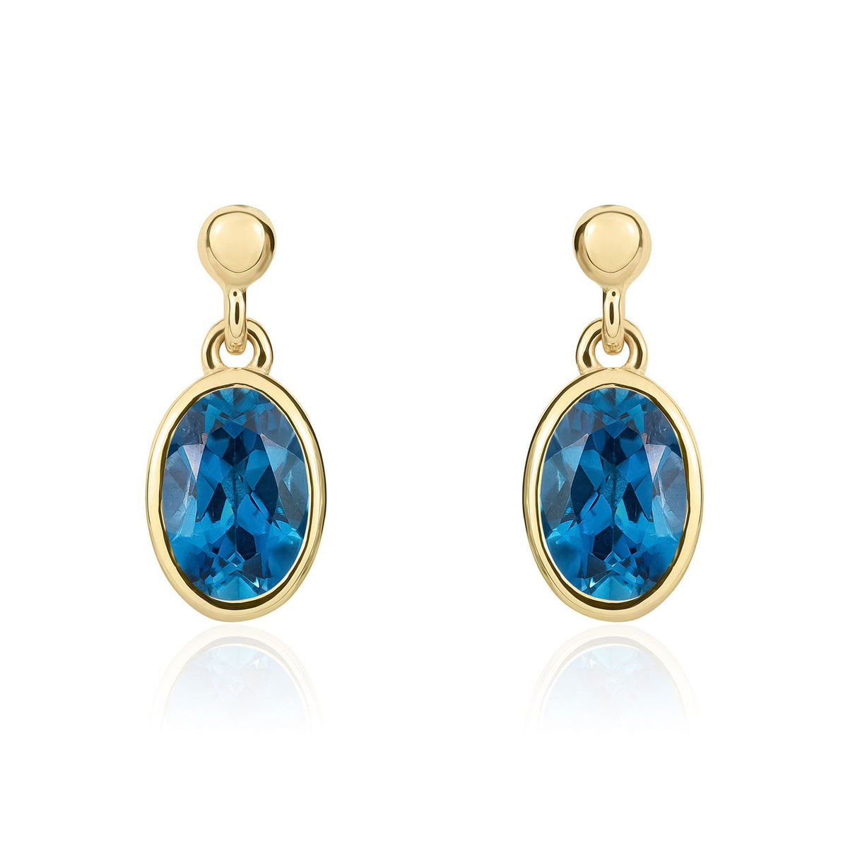 9ct Yellow Gold Oval Natural London Blue Topaz Rubover Drop Earrings — 6x4mm