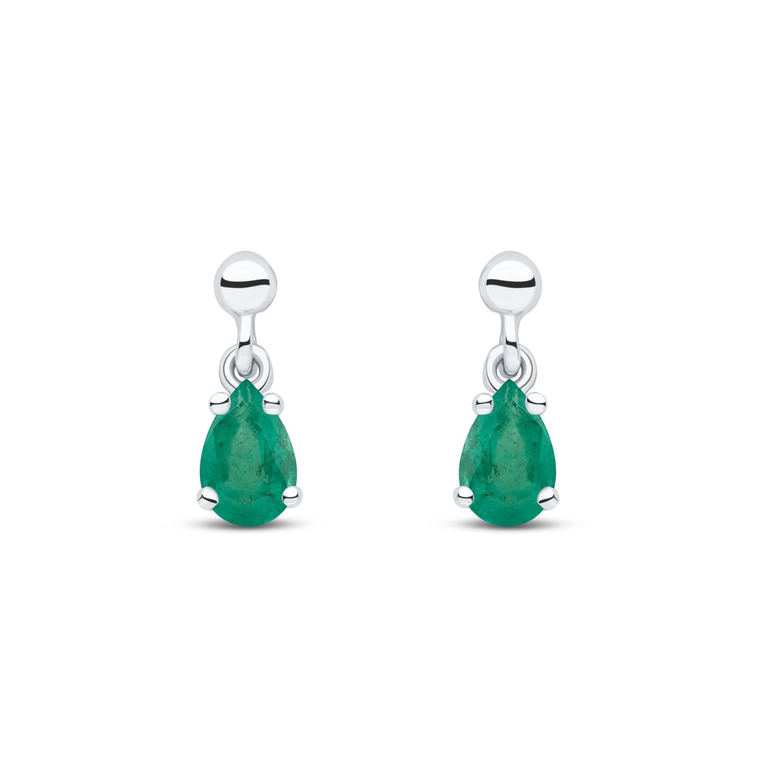 9ct White Gold Pear Shaped Natural Emerald Claw Drop Earrings with Bead Tops — 6x4mm