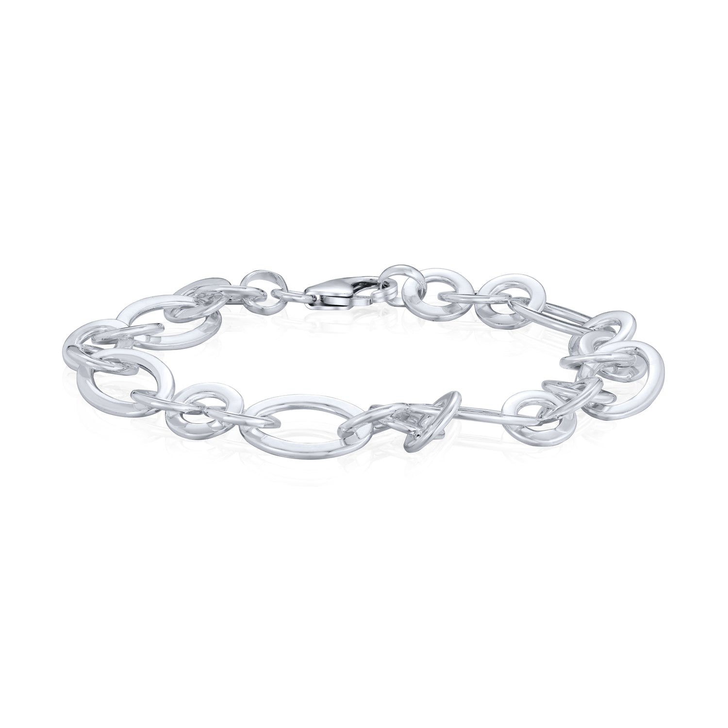 Sterling Silver Handmade Flat Oval and Round Figaro Bracelet