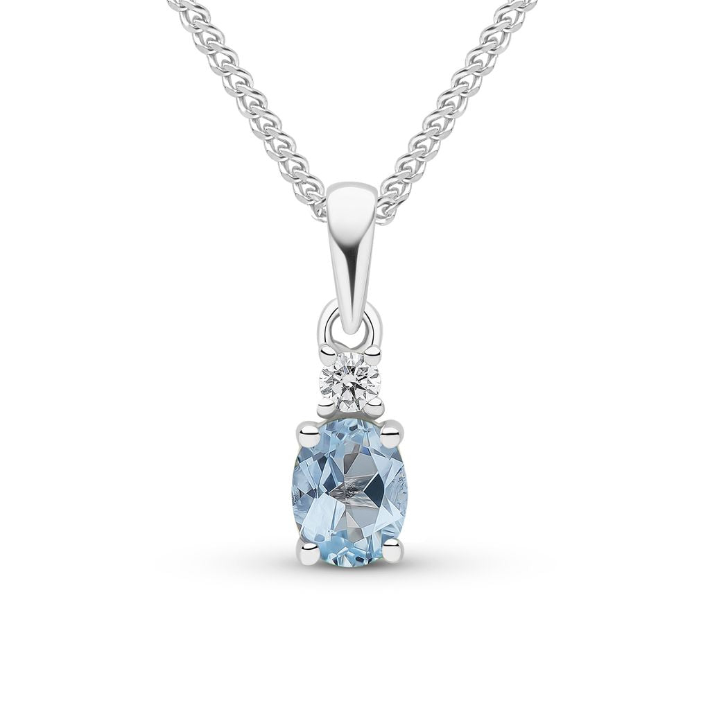18ct White Gold Oval Natural Aquamarine and Round Diamond Two Stone Pendant — 5x4mm