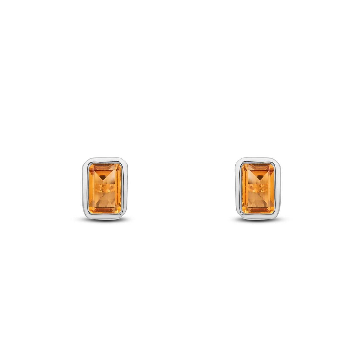 9ct White Gold Octagonal Emerald Cut Natural Citrine Rubover Stud Earrings — 5x3mm