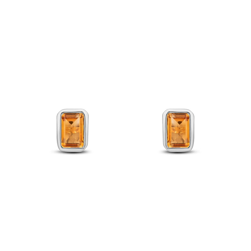 9ct White Gold Octagonal Emerald Cut Natural Citrine Rubover Stud Earrings — 5x3mm