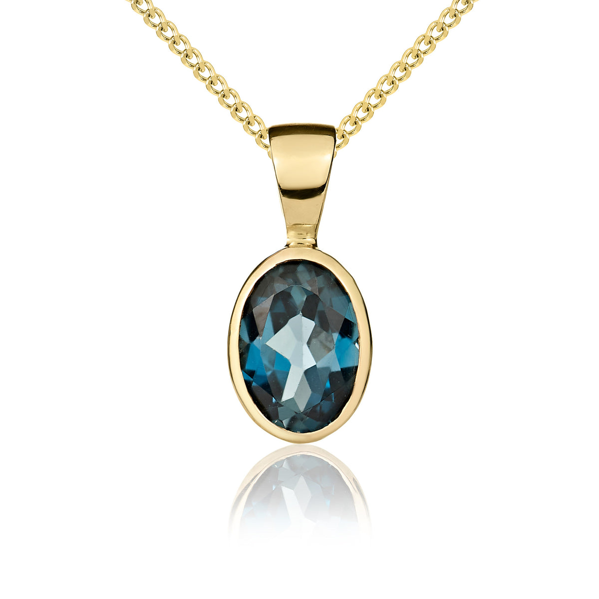 9ct Yellow Gold Oval Natural London Blue Topaz Rubover Pendant — 7x5mm