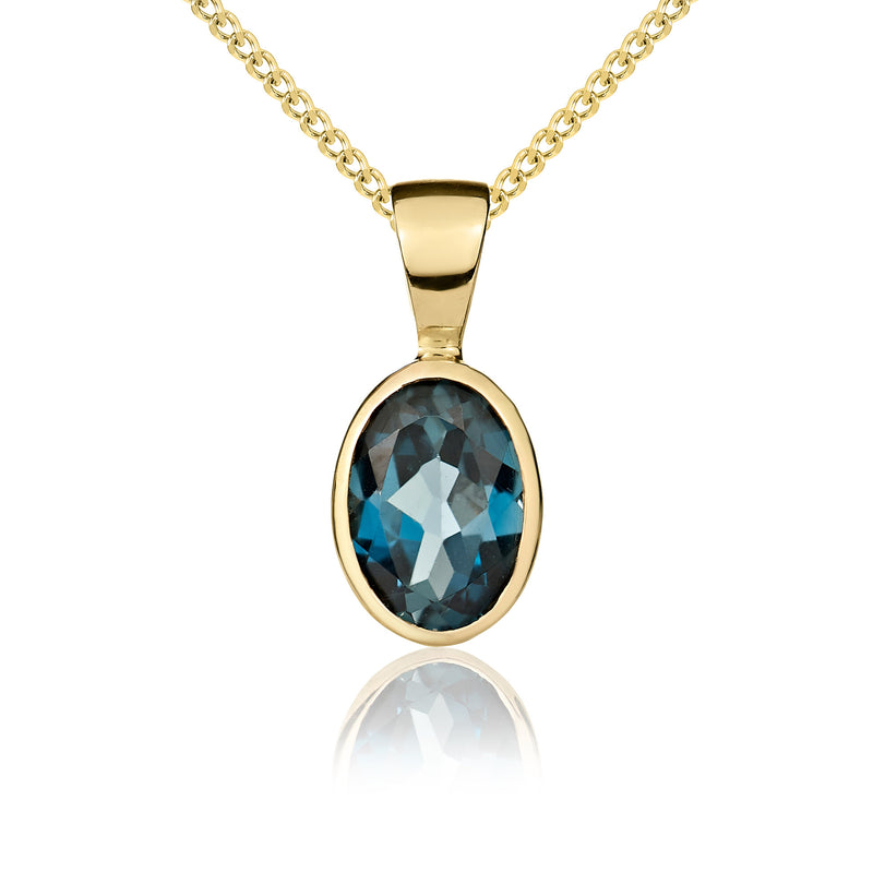 9ct Yellow Gold Oval Natural London Blue Topaz Rubover Pendant — 7x5mm