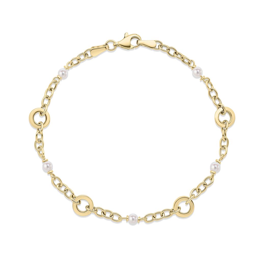 9ct Yellow Gold Natural Pearl and Circle Station Cable Link Bracelet