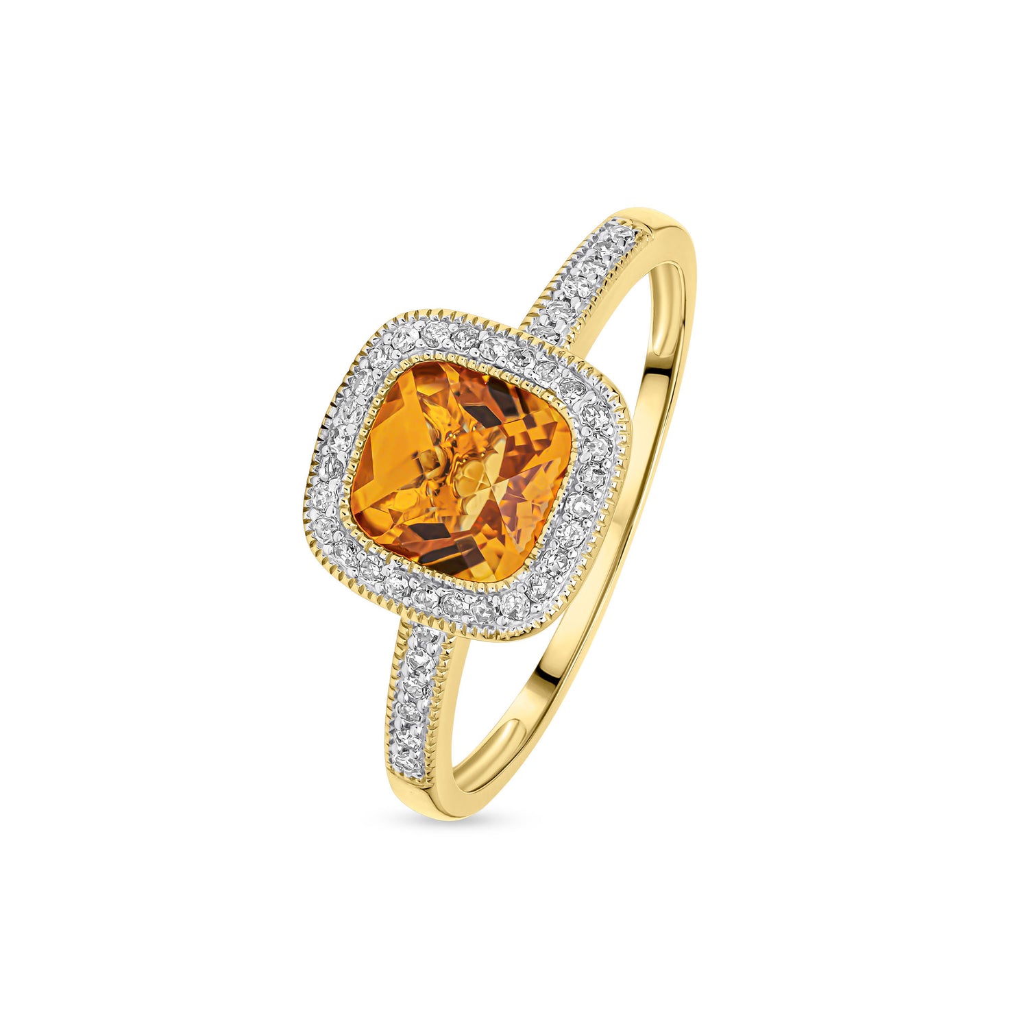 9ct Yellow Gold Cushion Natural Citrine and Diamond Halo Ring — 7mm