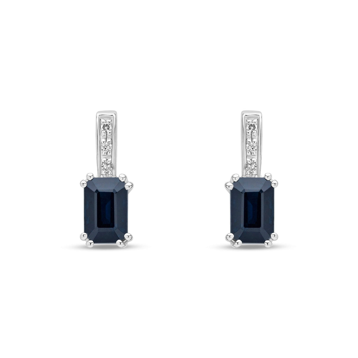 9ct White Gold Octagonal Natural Sapphire & Diamond Drop Earrings — 6x4mm