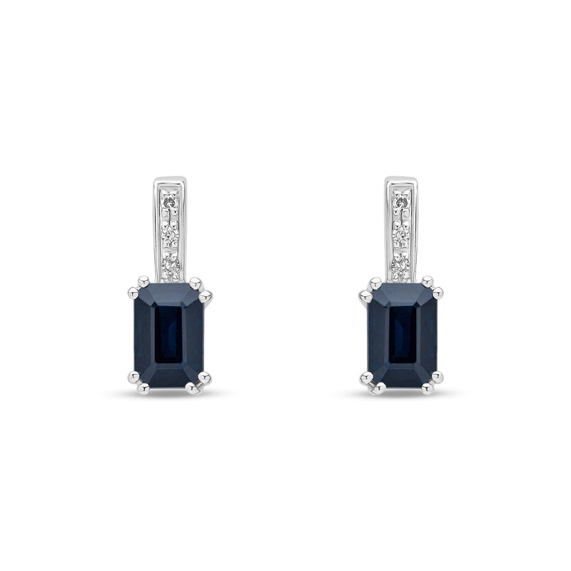 9ct White Gold Octagonal Natural Sapphire & Diamond Drop Earrings — 6x4mm