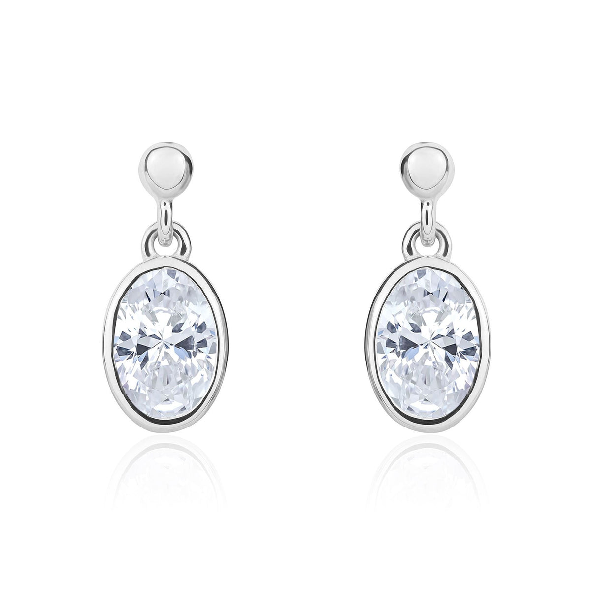 9ct White Gold Oval Cubic Zirconia CZ Rubover Drop Earrings — 6x4mm