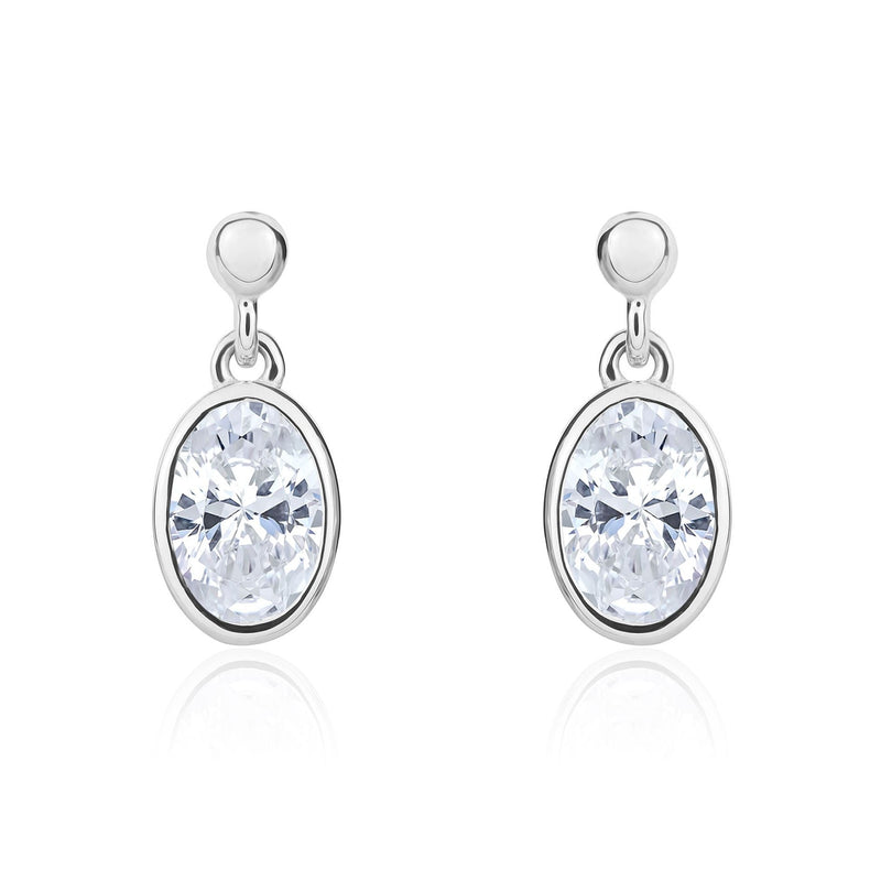 9ct White Gold Oval Cubic Zirconia CZ Rubover Drop Earrings — 6x4mm