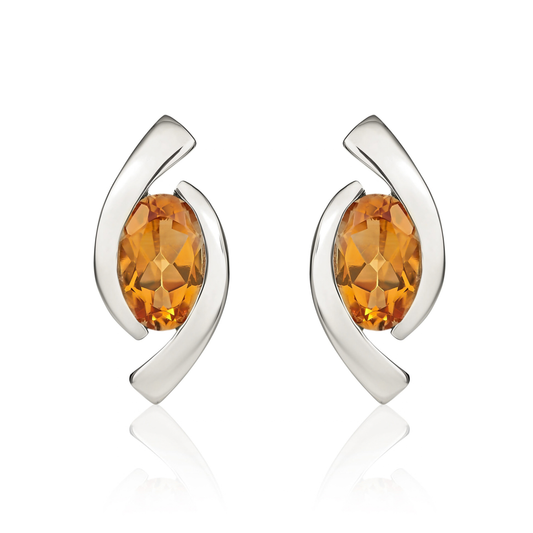 9ct White Gold Oval Natural Citrine 'Eye' Stud Earrings