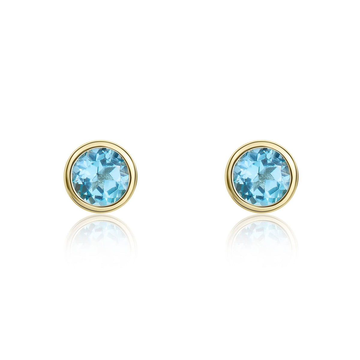 9ct Yellow Gold Round Natural Swiss Blue Topaz Rubover Stud Earrings — 3mm