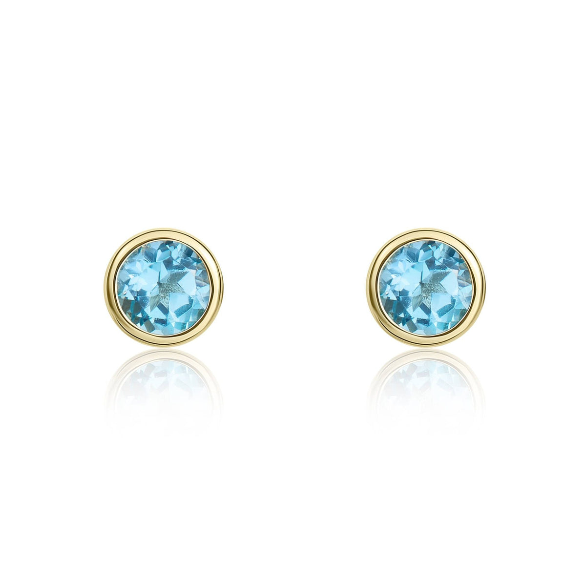 9ct Yellow Gold Round Natural Swiss Blue Topaz Rubover Stud Earrings — 3mm