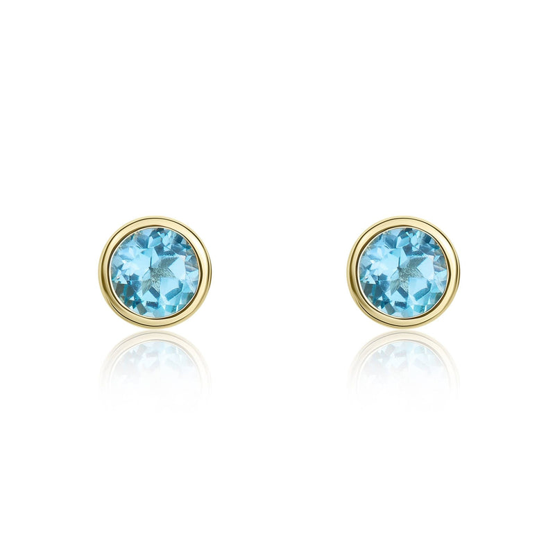 9ct Yellow Gold Round Natural Swiss Blue Topaz Rubover Stud Earrings — 3mm